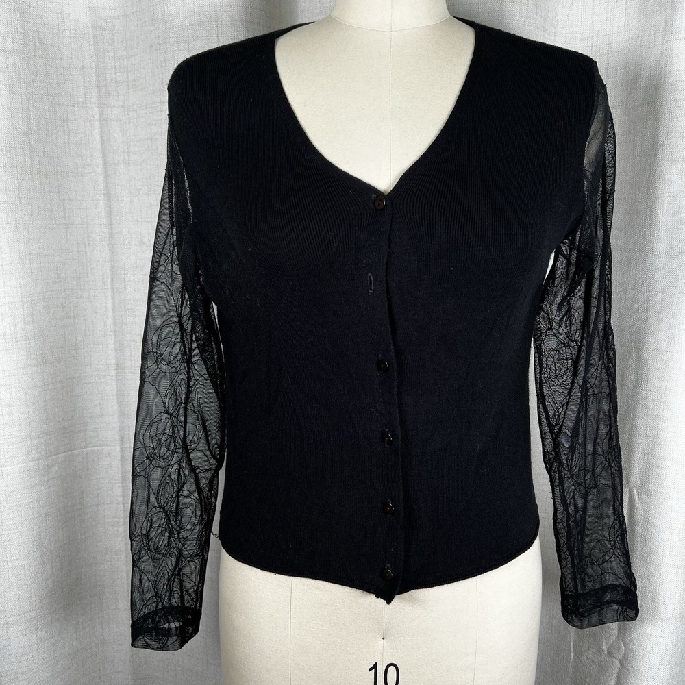 Kenar Cardigan Sweater Women's Medium Black V-Neck Lace‎ Sleeve Missing Button